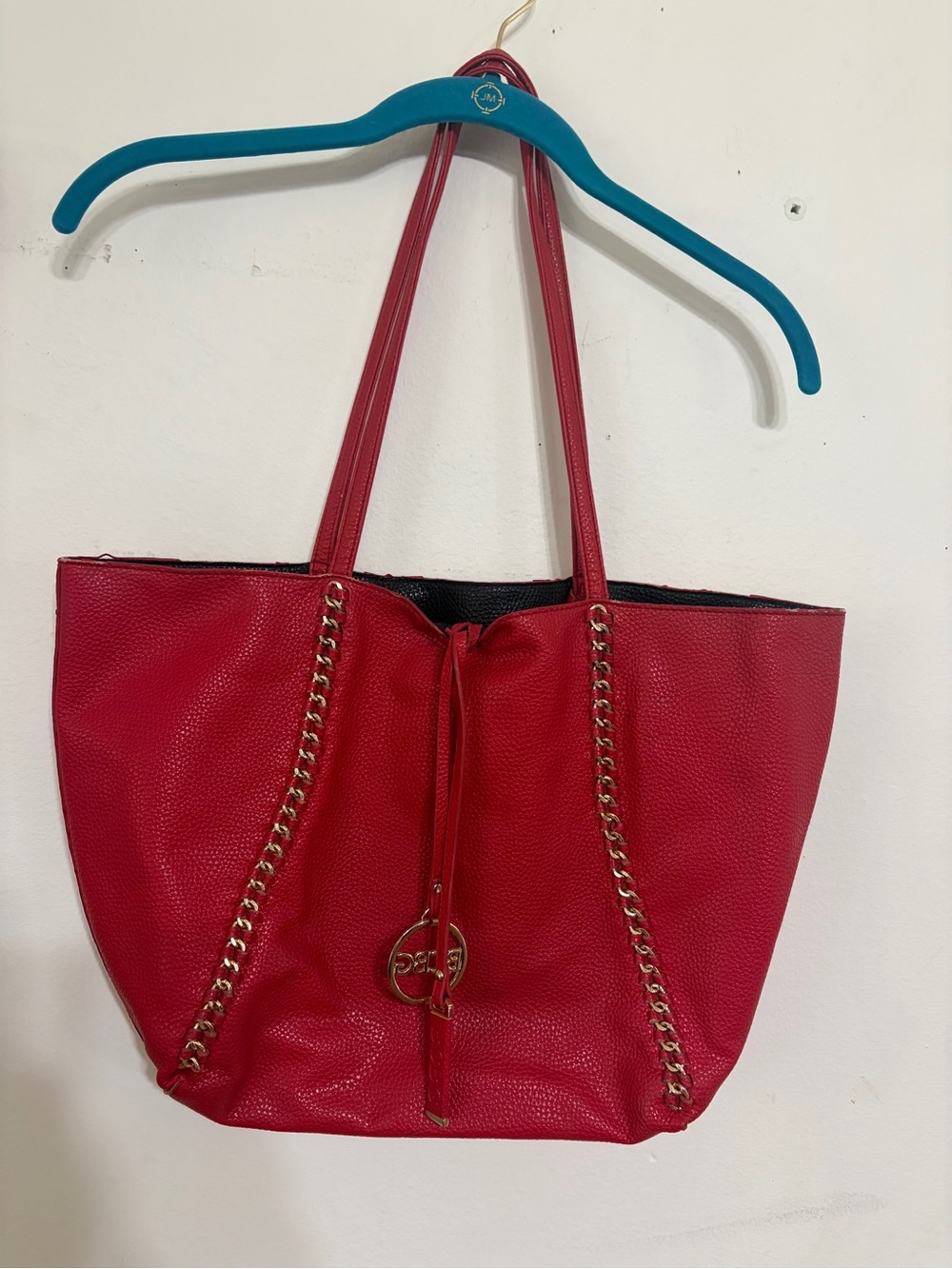 BCBG Paris Red Tote with Gold Chain Detail